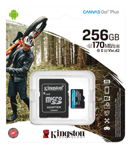 Kingston Canvas Go! Plus microSDXC muistikorti + SD-sovitin 256GB U3 & V30